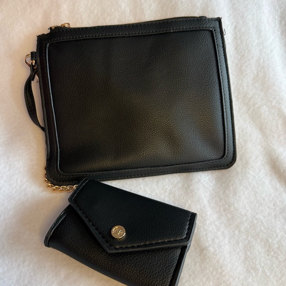 Anne Klein Black Wristlet Pouch Mini Wallet Set Gold Hardware